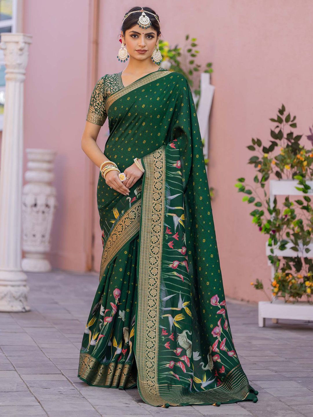 

Anouk Kalamkari Zari Sungudi Saree, Green
