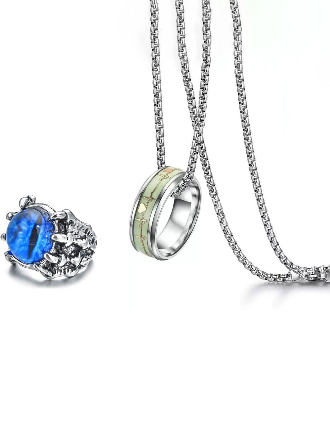 

shobhram Men Stainless Steel Rhodium-Plated Round Pendant With Chain & Finger Ring, Silver