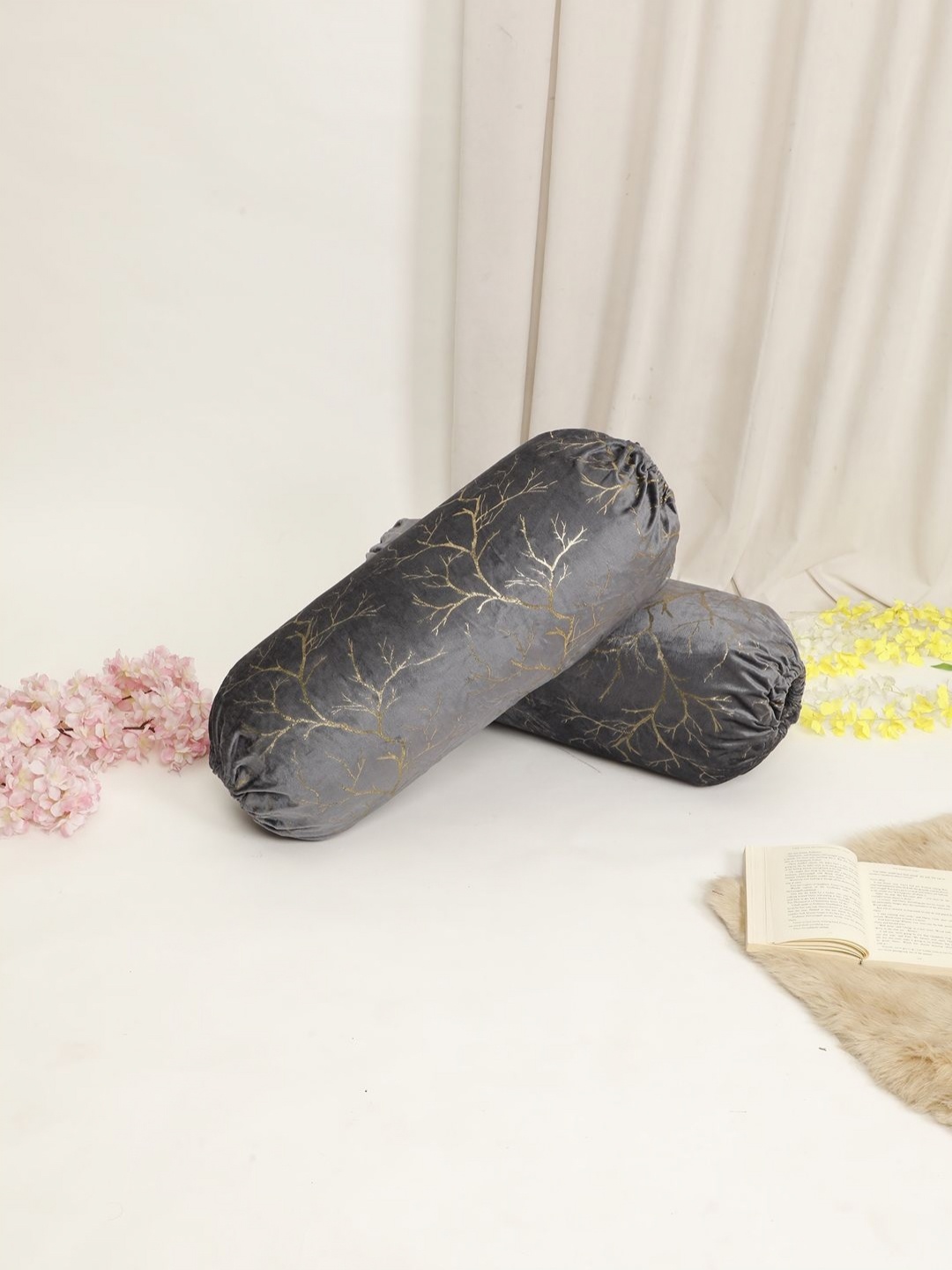 

THE CONVERSION Grey 2 Pieces Self Design Printed Velvet Foil Work Bolster Covers