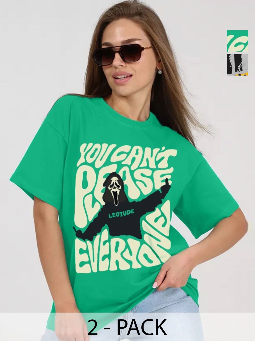 

Leotude Women Pack Of 2 Graphic Printed Round Neck Cotton Oversized T-shirts, Green