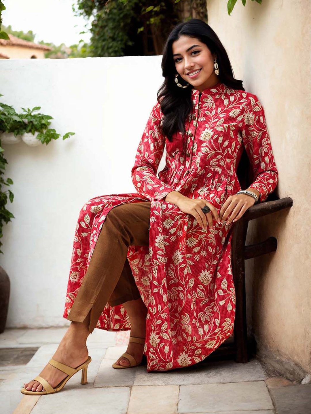 

Anouk Floral Printed Mandarin Collar Pure Cotton Anarkali Kurta with Trousers, Red