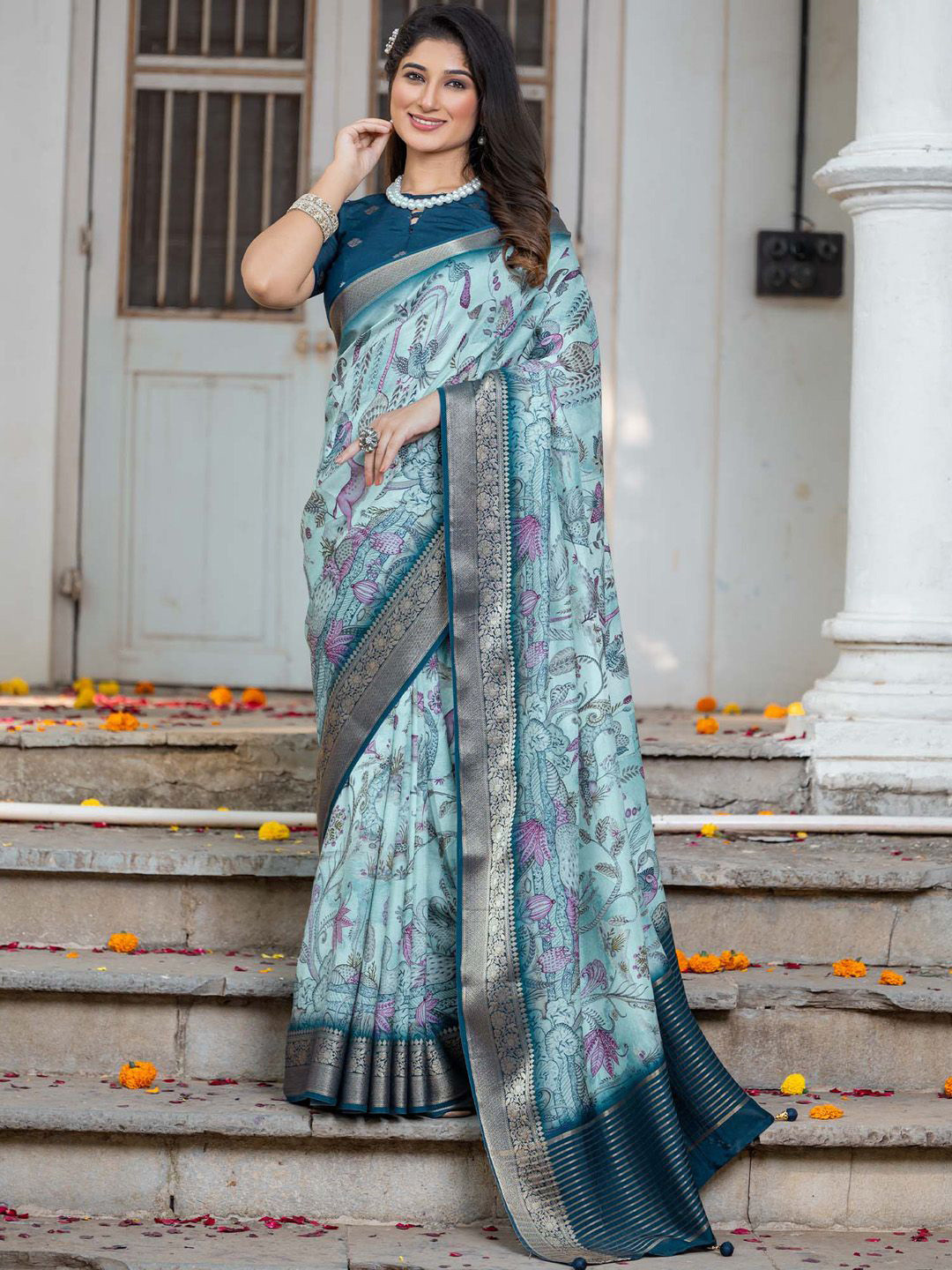 

Anouk Kalamkari Zari Sungudi Saree, Blue