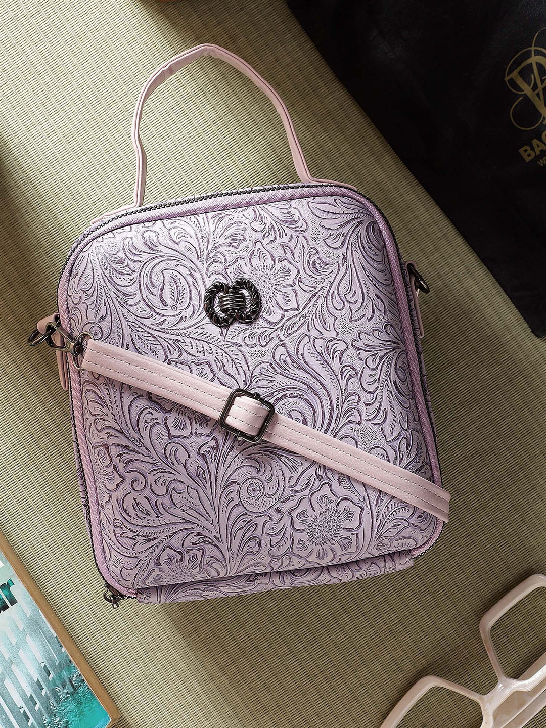 

Bag Pepper Floral Printed PU Structured Tote Bag with Cut Work, Lavender