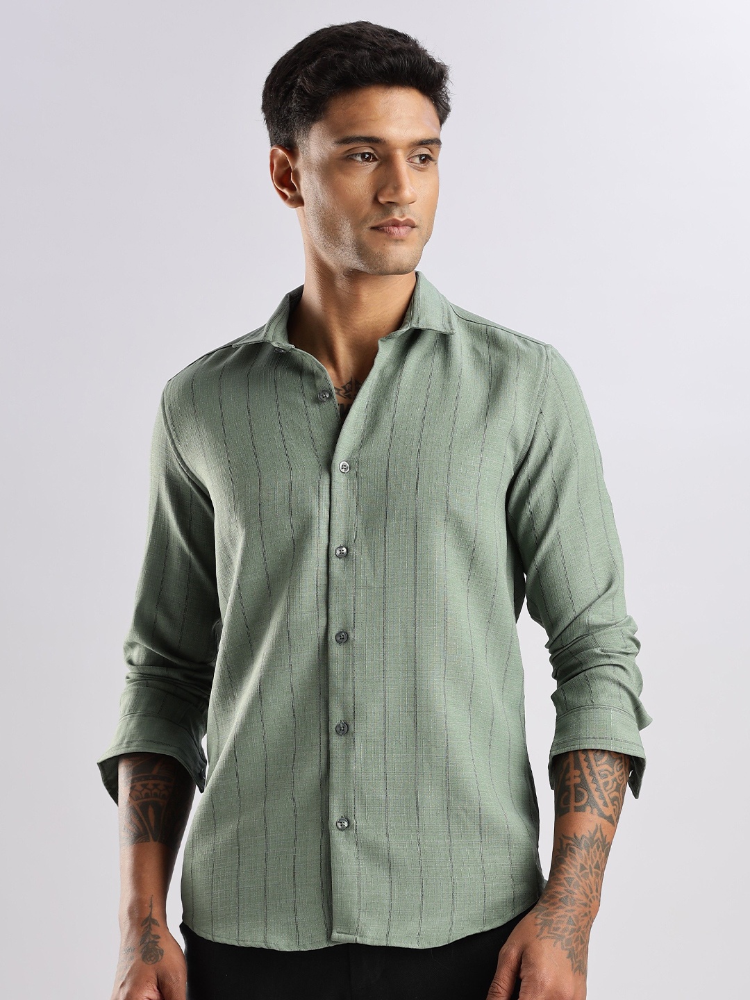 

NEVER NEUD Men Air Like Linen Stripes Regular Slim Fit Casual Shirt, Olive