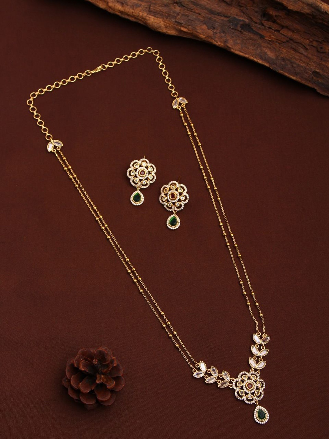 

Kattam Gold Plated Shivanya Layered Rubygreen Flower Chain