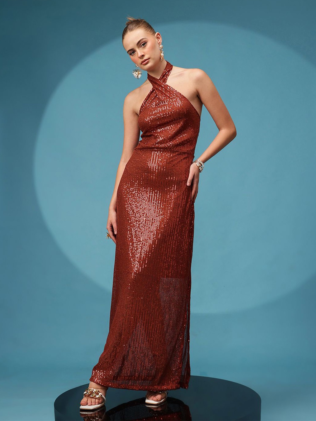 

The Roadster Lifestyle Co Women Halter Neck Embellished Side Slits Maxi Dress, Rust