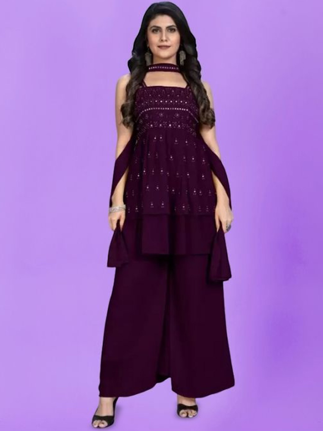 

PARROT CREATION Embroidered Straight Sequinned Kurta With Palazzos And Dupatta, Purple