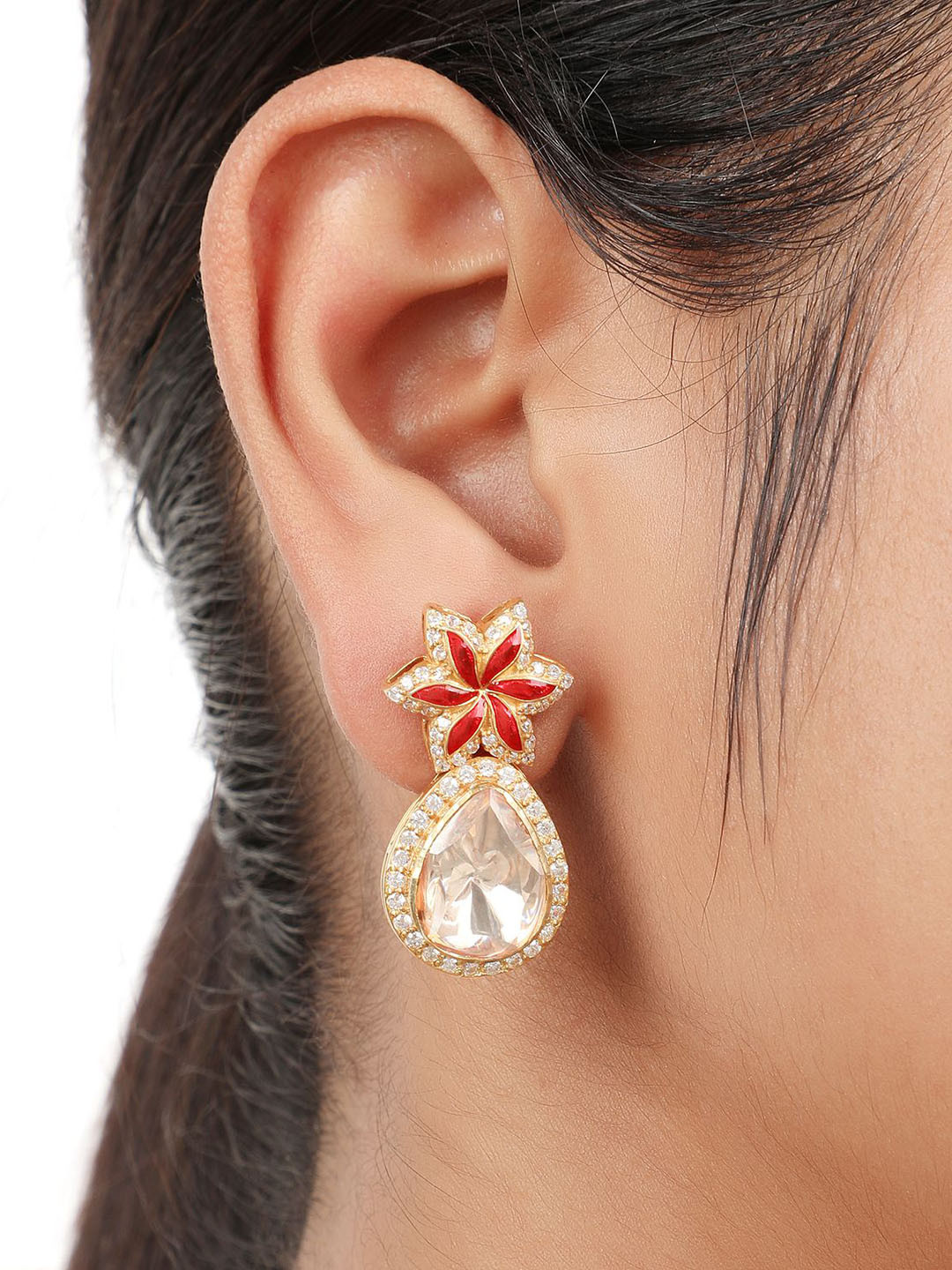 

Sica Jewellery Sterling Silver Artificial Stones Studded Floral Shaped Drop Earrings, White