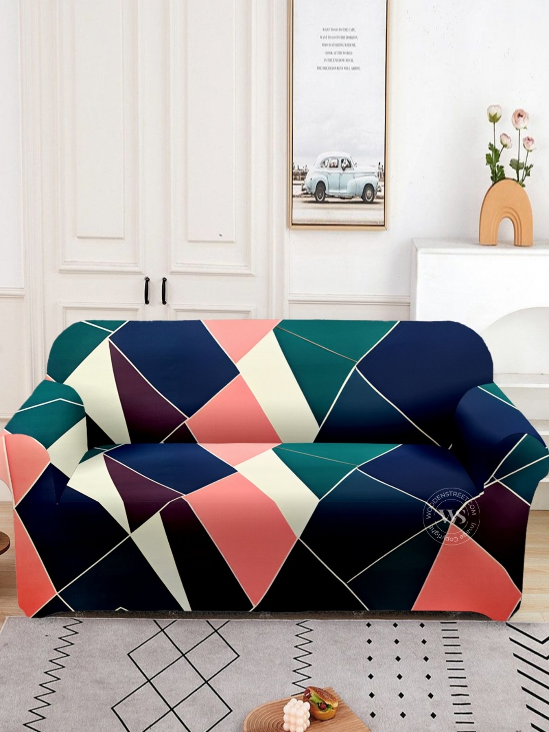 

WOODEN STREET Teal Blue And White Printed 3 Seater Sofa Cover