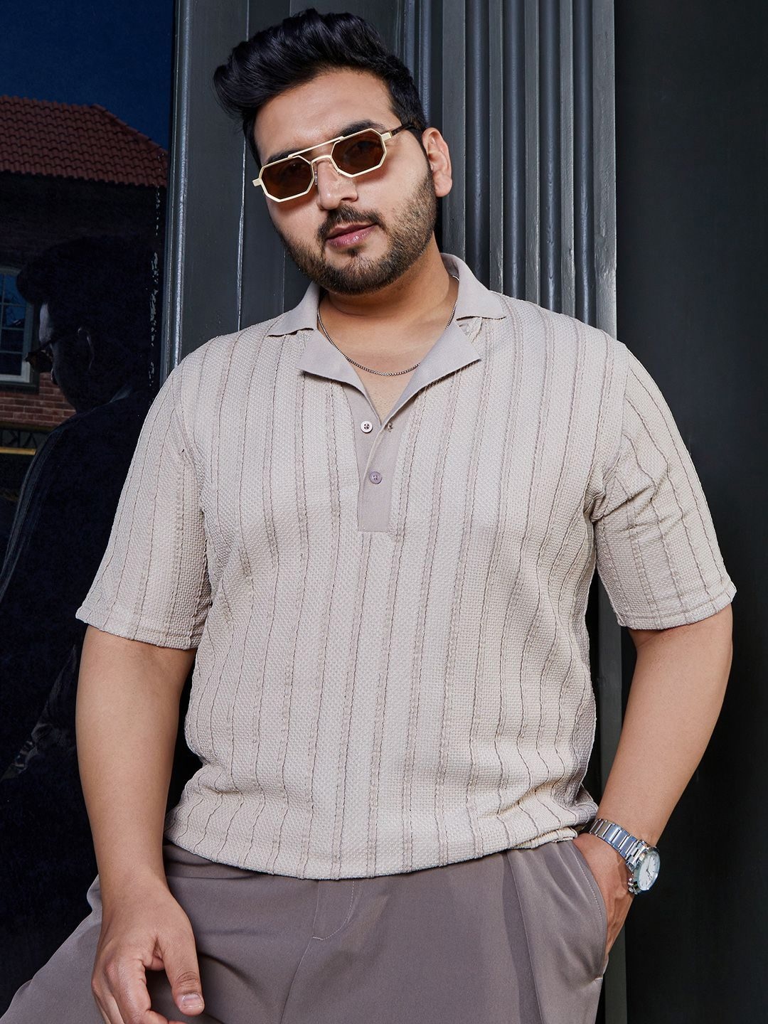 

Instafab Plus Men Plus Size Self Design Polo Collar Cotton Slim Fit T-shirt, Beige