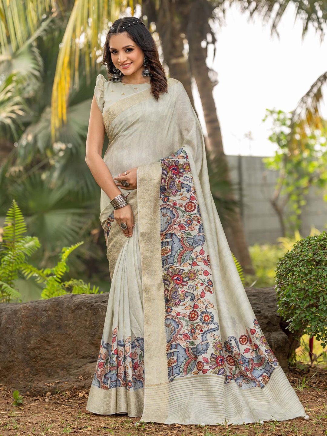 

Anouk Kalamkari Zari Sungudi Saree, Beige