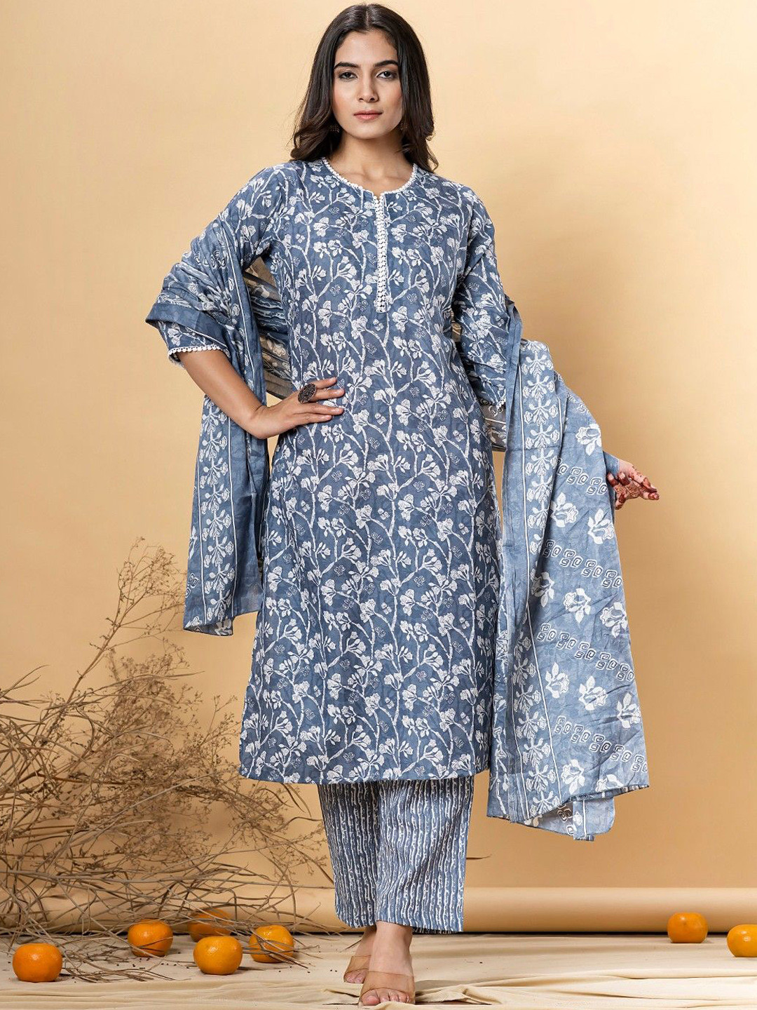 

Readiprint Floral Printed Pure Cotton Straight Kurta With Trousers And Dupatta, Blue