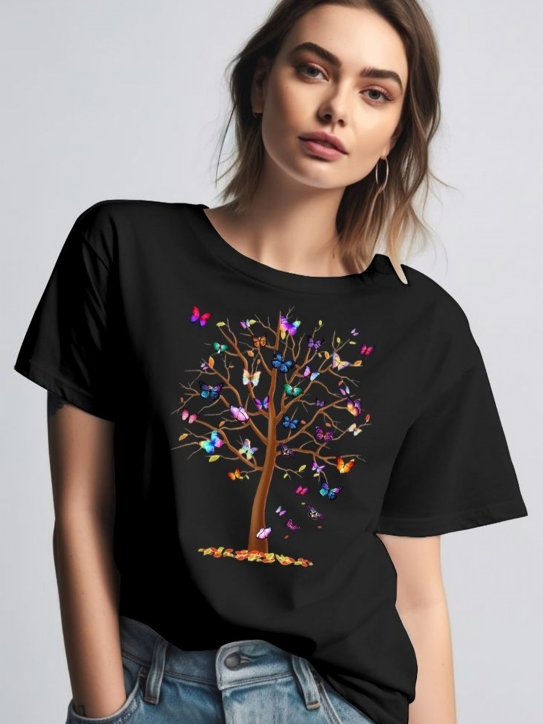 

Moda Rapido Women Printed Round Neck Tshirt, Black