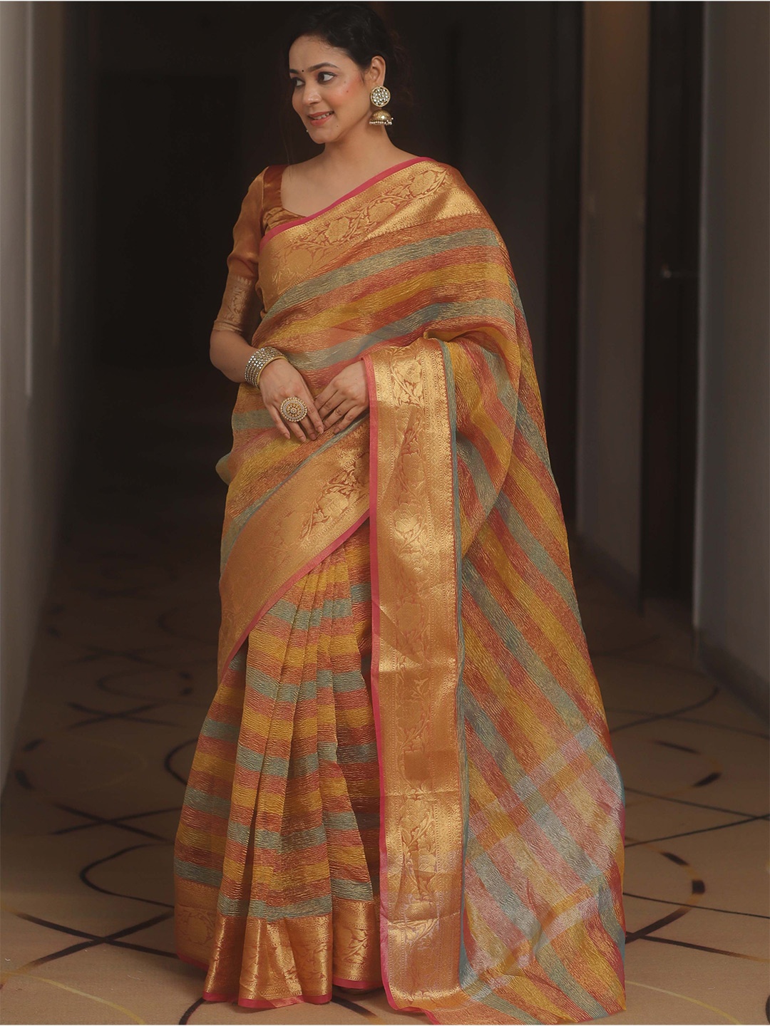 

Banarasee Striped Zari Tissue Banarasi Saree, Red