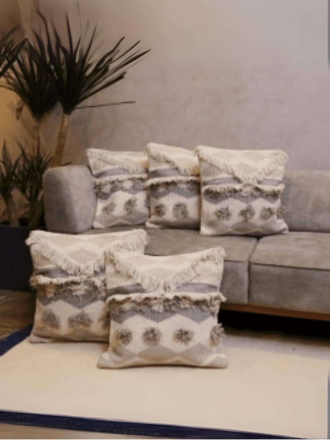 

LUSHLYF Off White & Grey 5 Pieces Self Design Textured Cotton Square Cushion Covers