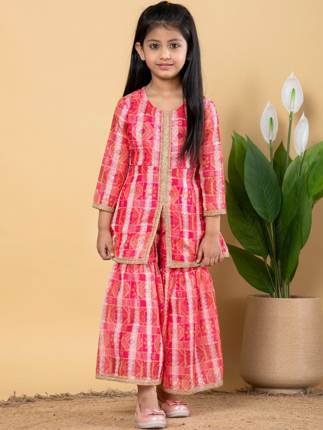 

Readiprint Girls Floral Printed Zari Chanderi Silk A-Line Kurta with Sharara, Pink