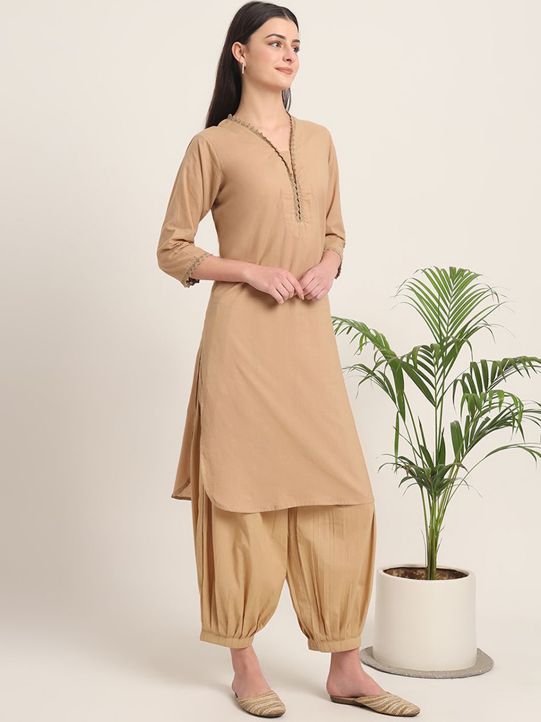

Thevasa Lace Affair V-Neck Three-Quarter Sleeves Cotton Kurta, Beige