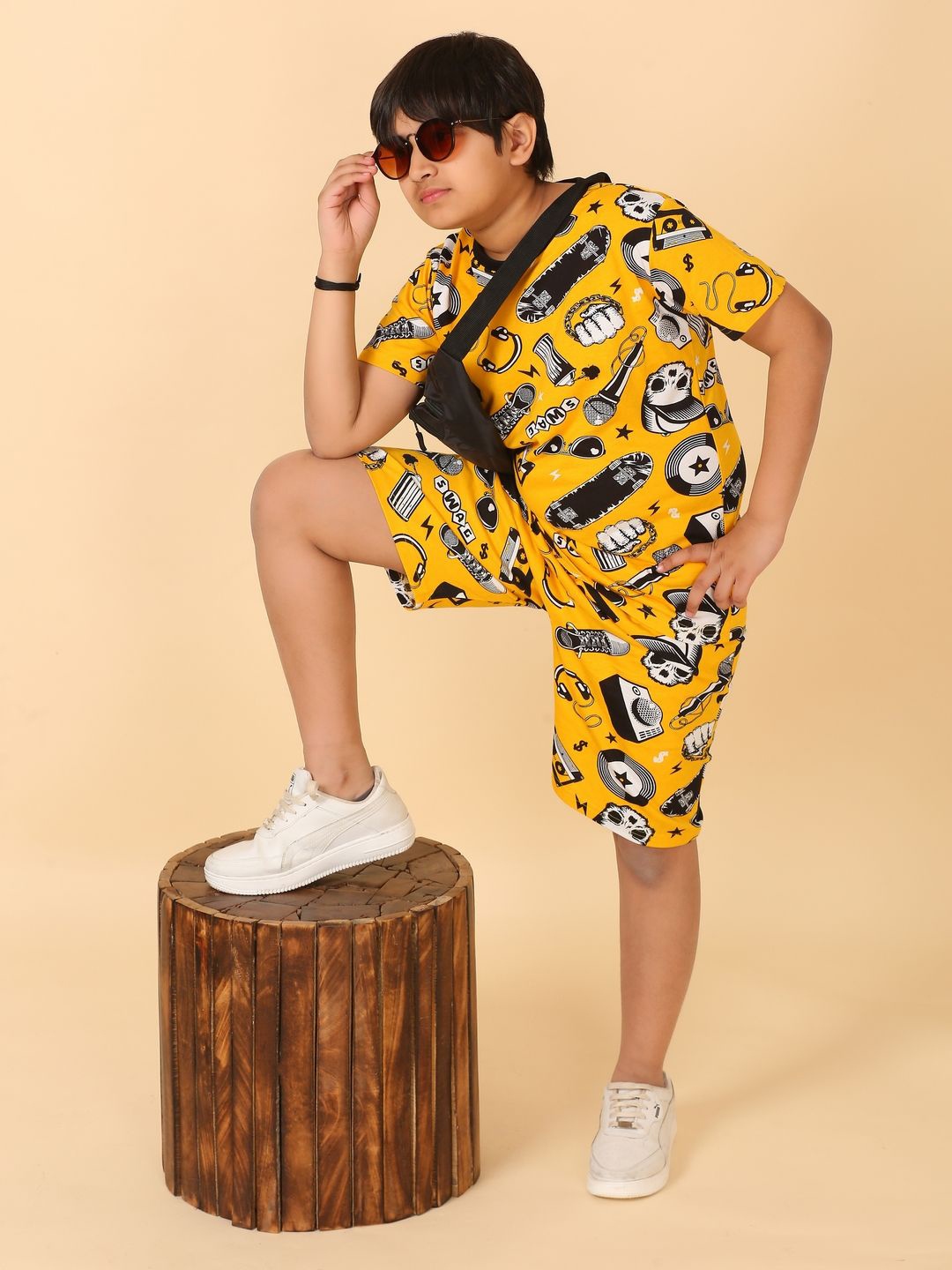 

Ninos Dreams Boys Skull Printed Round Neck Pure Cotton T-shirt With Shorts, Yellow