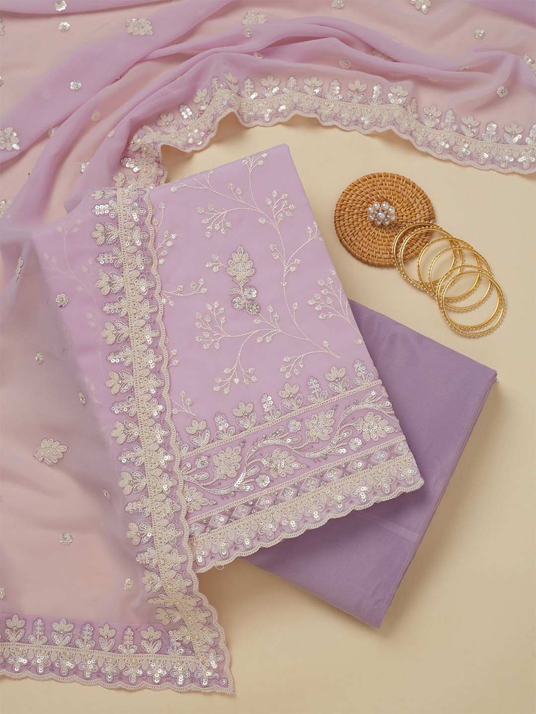 

Koskii Ethnic Motifs Embroidered Beads and Stones Unstitched Dress Material, Purple