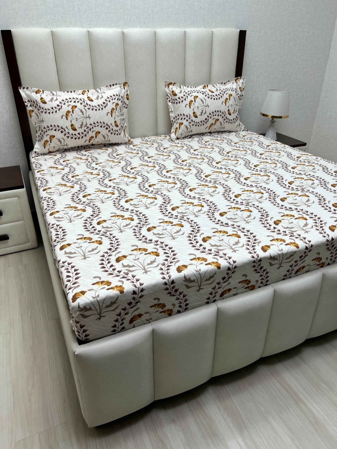 

Pure Decor Velar White Printed Cotton 230TC Super King Size Bedsheet Set 2.74 m x 3.04 m