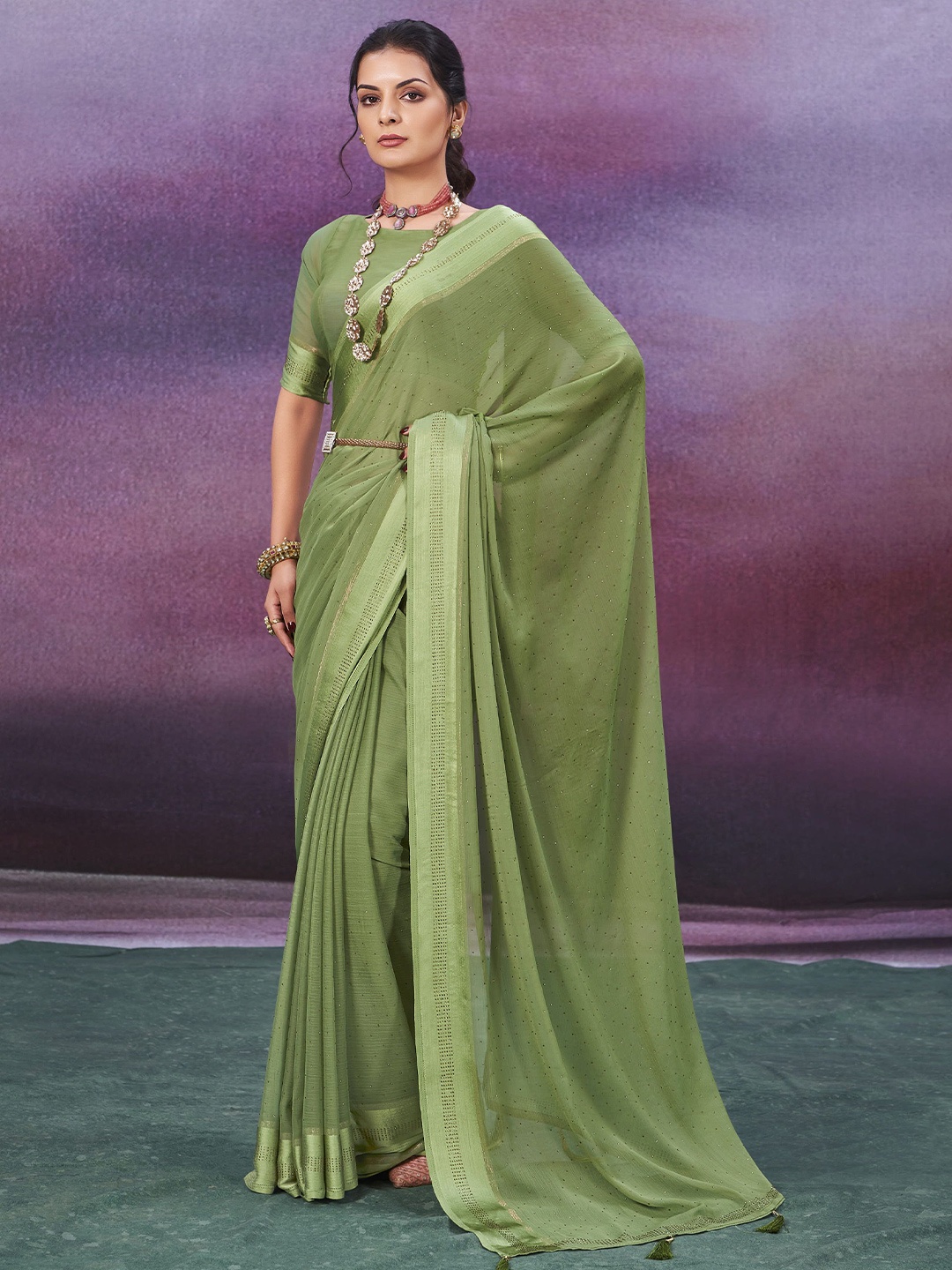 

Sangria Ethnic Motifs Beads and Stones Poly Chiffon Designer Saree, Khaki