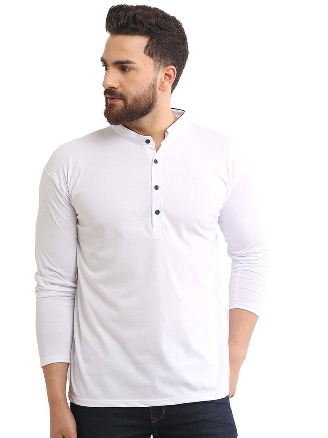 

SCATCHITE Men Solid Henley Neck Cotton T-shirt, White