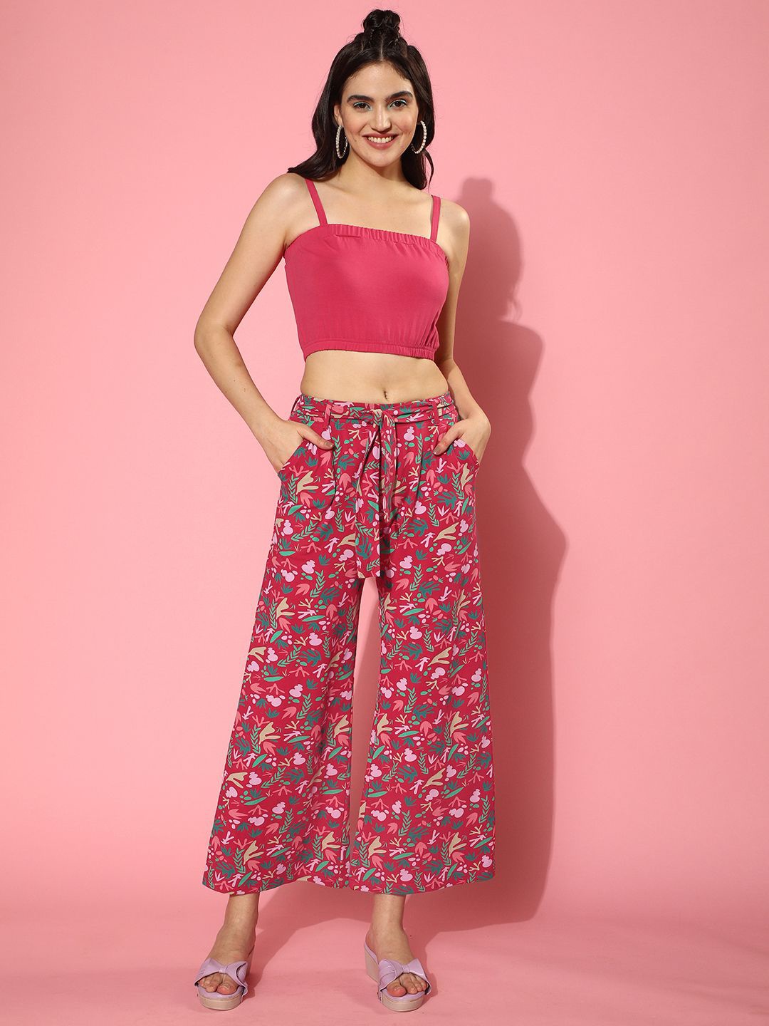 

JUNEBERRY Strappy Crop top With Floral Printed Palazzo Co-Ords Set, Red
