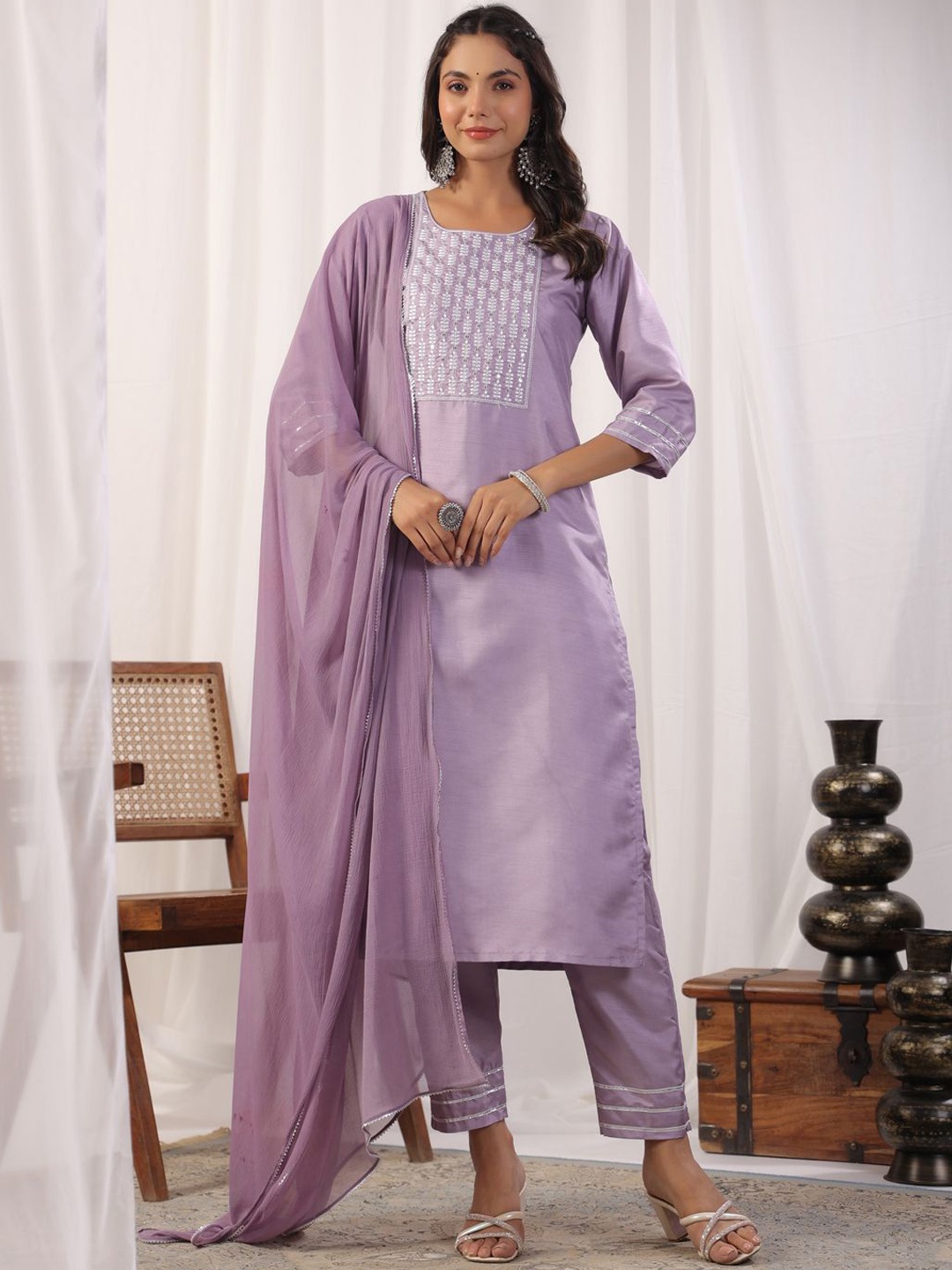 

KALINI Ethnic Motifs Embroidered Thread work Straight Kurta With Trousers & Dupatta, Lavender