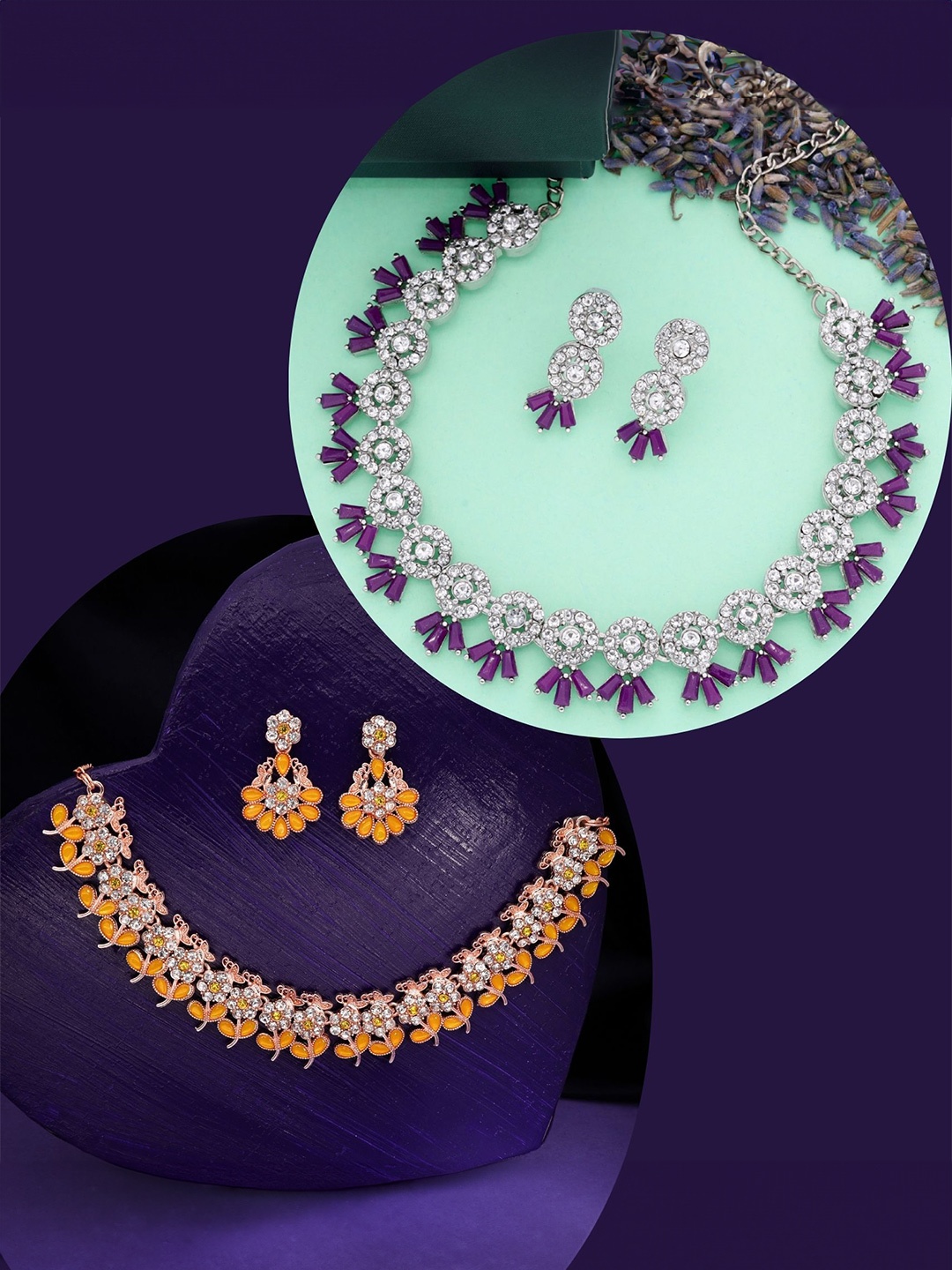 

DIVASTRI Set Of 2 Sliver Plated American Diamond Studded Jewellery Set, Silver