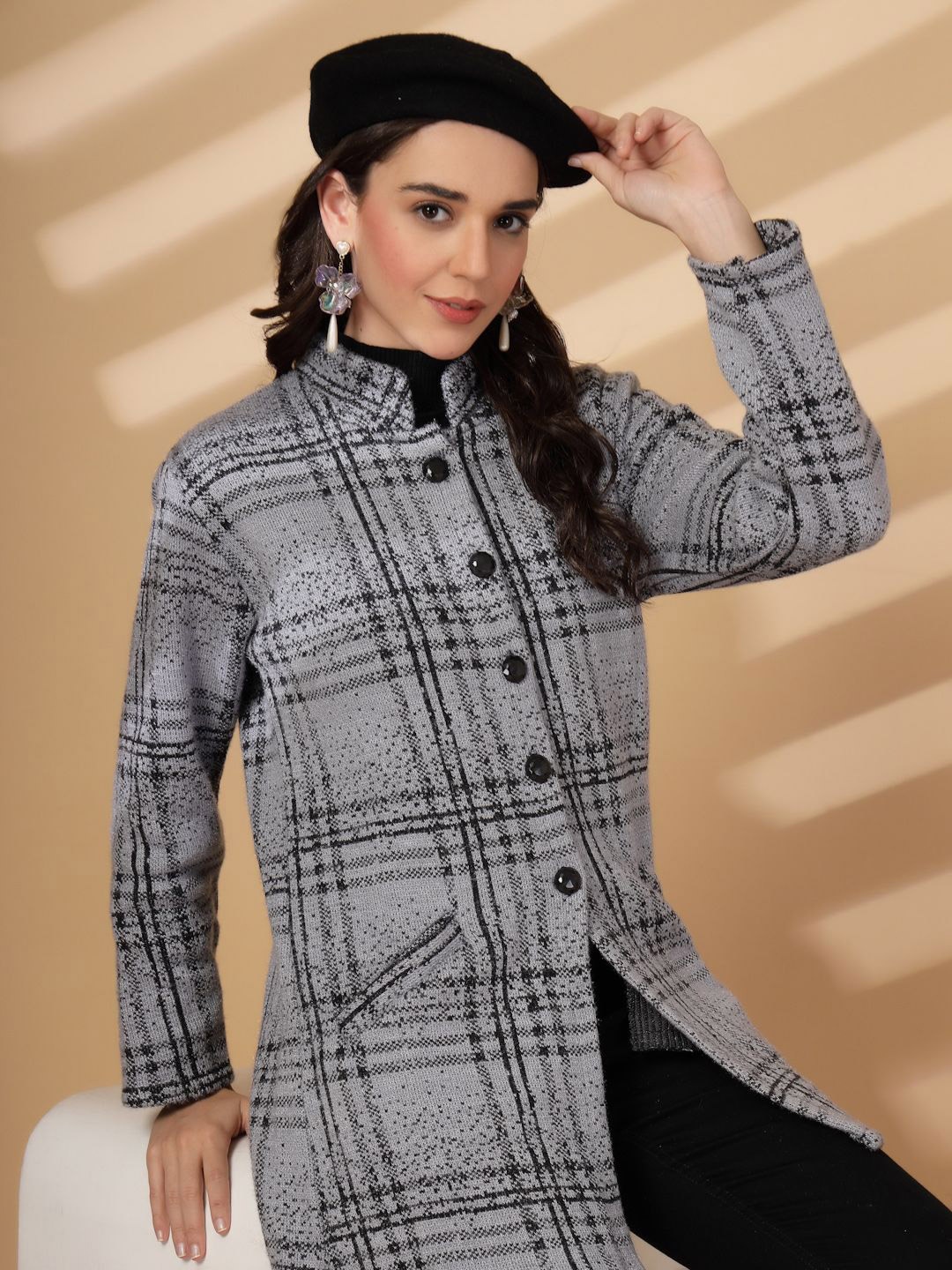 

Moda Rapido Geometric Checked Mandarin Collar Woollen Longline Top, Grey