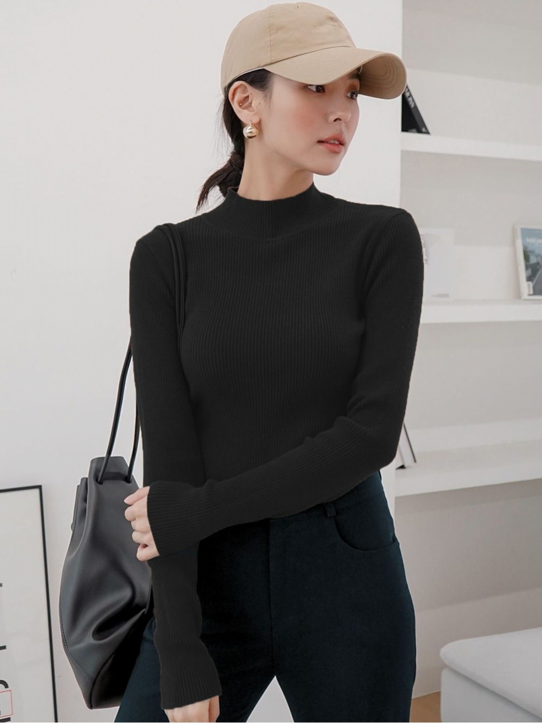 

Moda Rapido Women High Neck Pockets Slim Fit T-shirt, Black