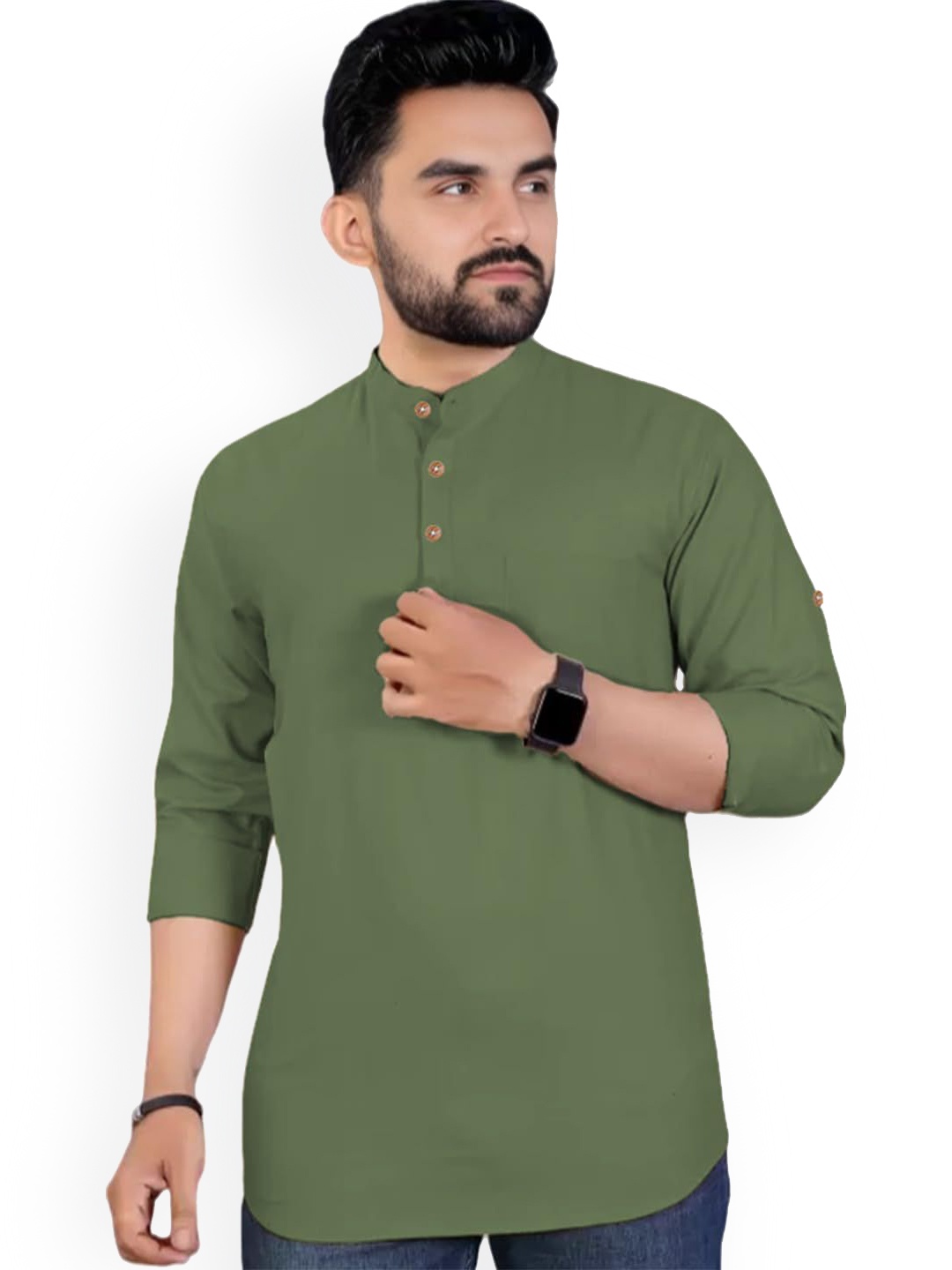 

Vida Loca Band Collar Cotton Straight Short Kurta, Khaki