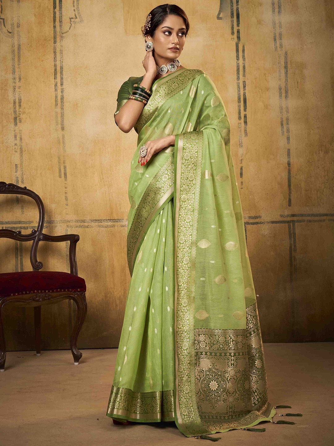 

Mitera Woven Design Zari Silk Blend Saree, Green