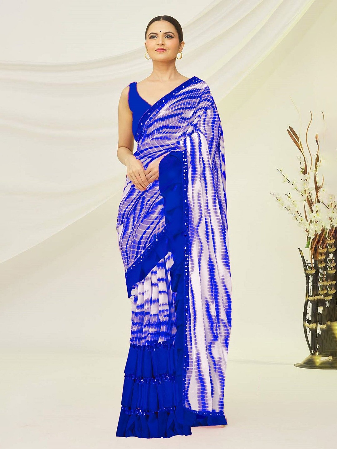 

Moda Rapido Tie and Dye Sequinned Pure Georgette Saree, Blue