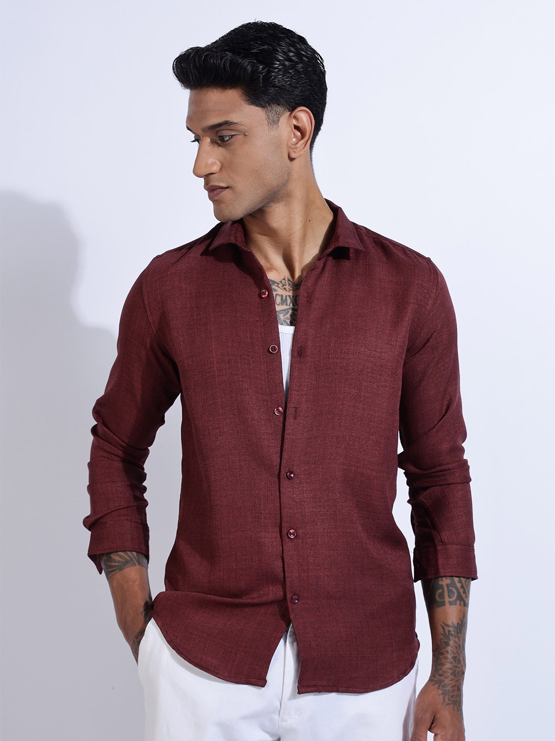 

NEVER NEUD Men Linen Look Regular Slim Fit Casual Shirt, Maroon