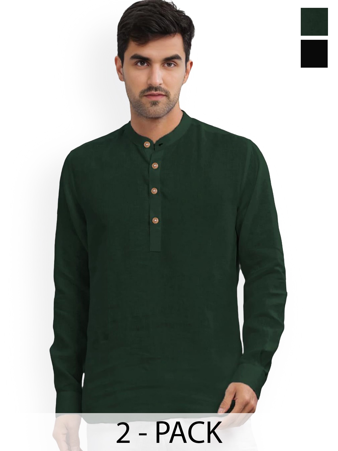 

Vida Loca Selection Of 2 Band Collar Cotton Straight Kurtas, Green