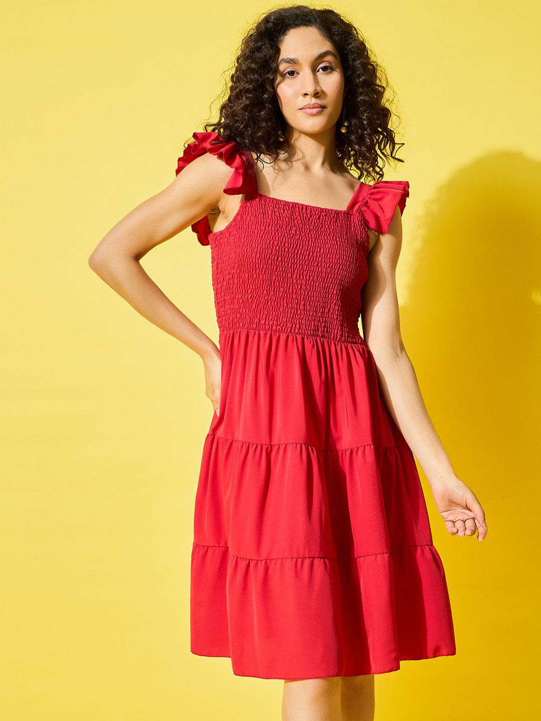 

DIMPY GARMENTS Women Smocked Solid Square Neck A-Line Dress, Red