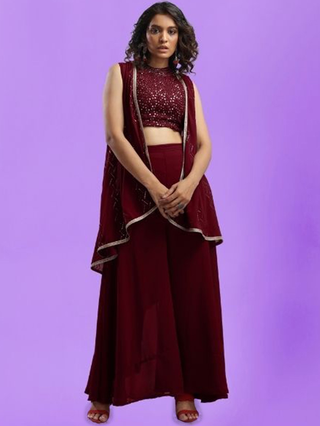 

PARROT CREATION Sweta Embroidered Halter Neck Georgette Crop Top With Palazzos & Shrug, Maroon