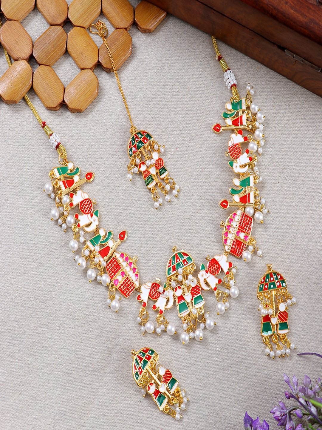 

Anouk Gold-Plated Doli Barat Meenakari Beaded Necklace With Earrings And Maang Tika