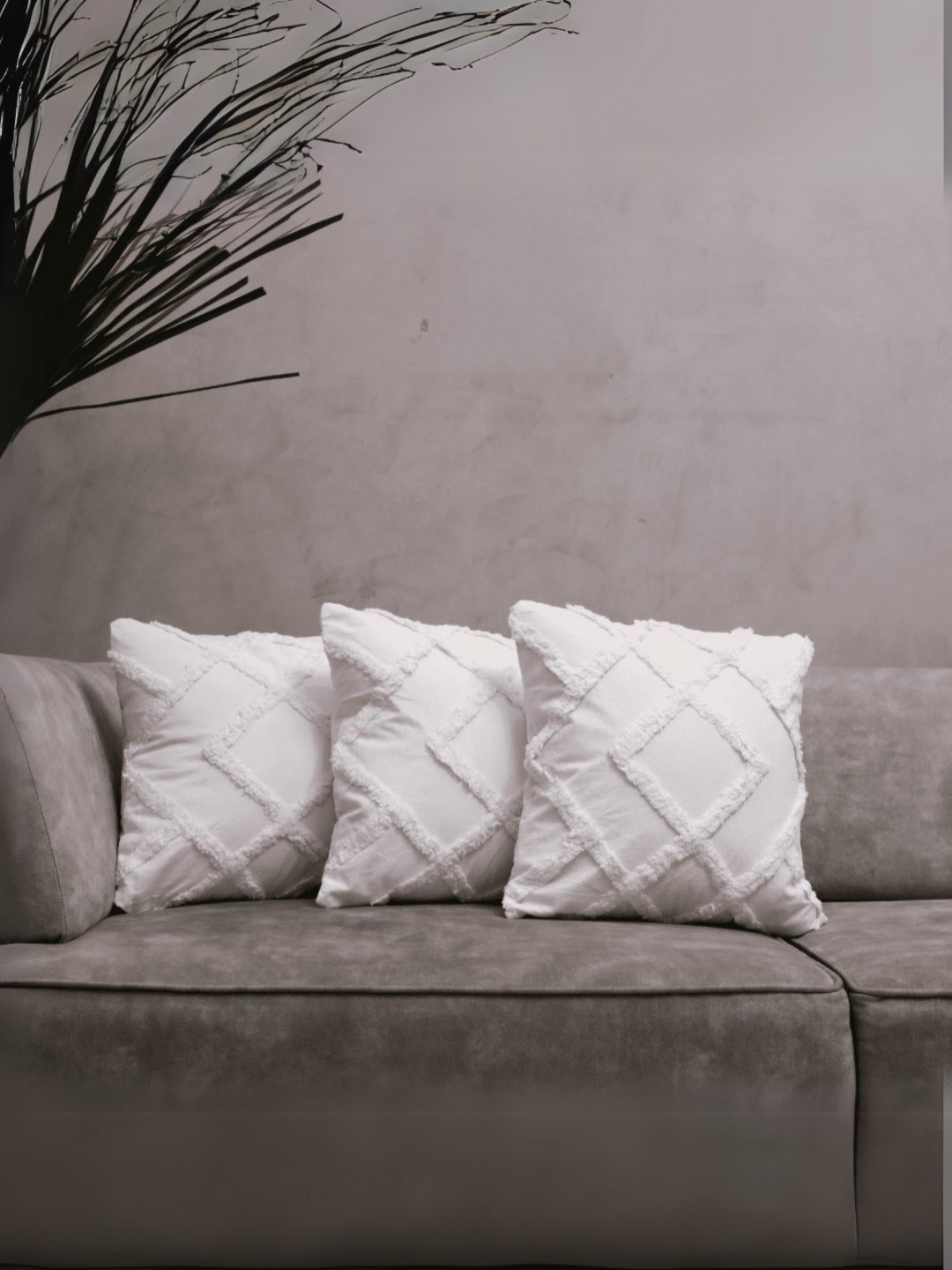 

LUSHLYF Tufted White 3 Pieces Geometric Textured Cotton Square Cushion Covers