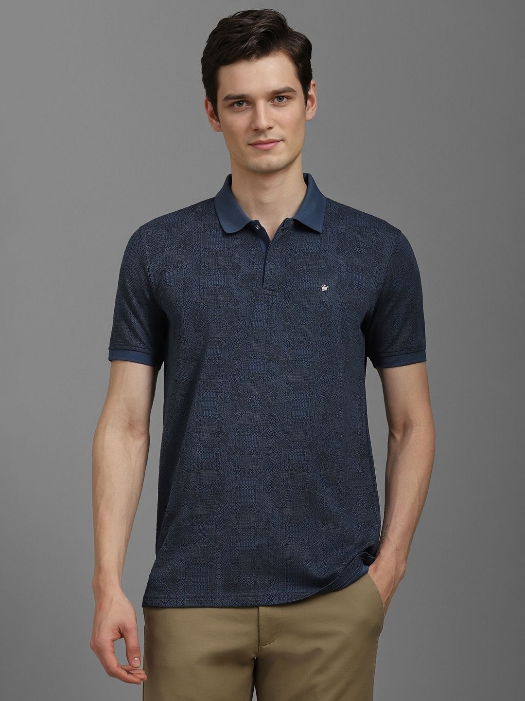 

Louis Philippe Men Floral Printed Polo Collar Cotton T-shirt, Grey