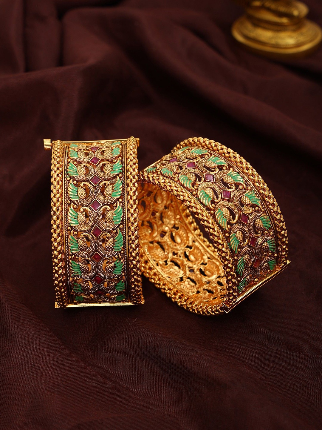 

Exotic India Set Of 2 Brass Plated Peacock Design Openable Bangles, Gold