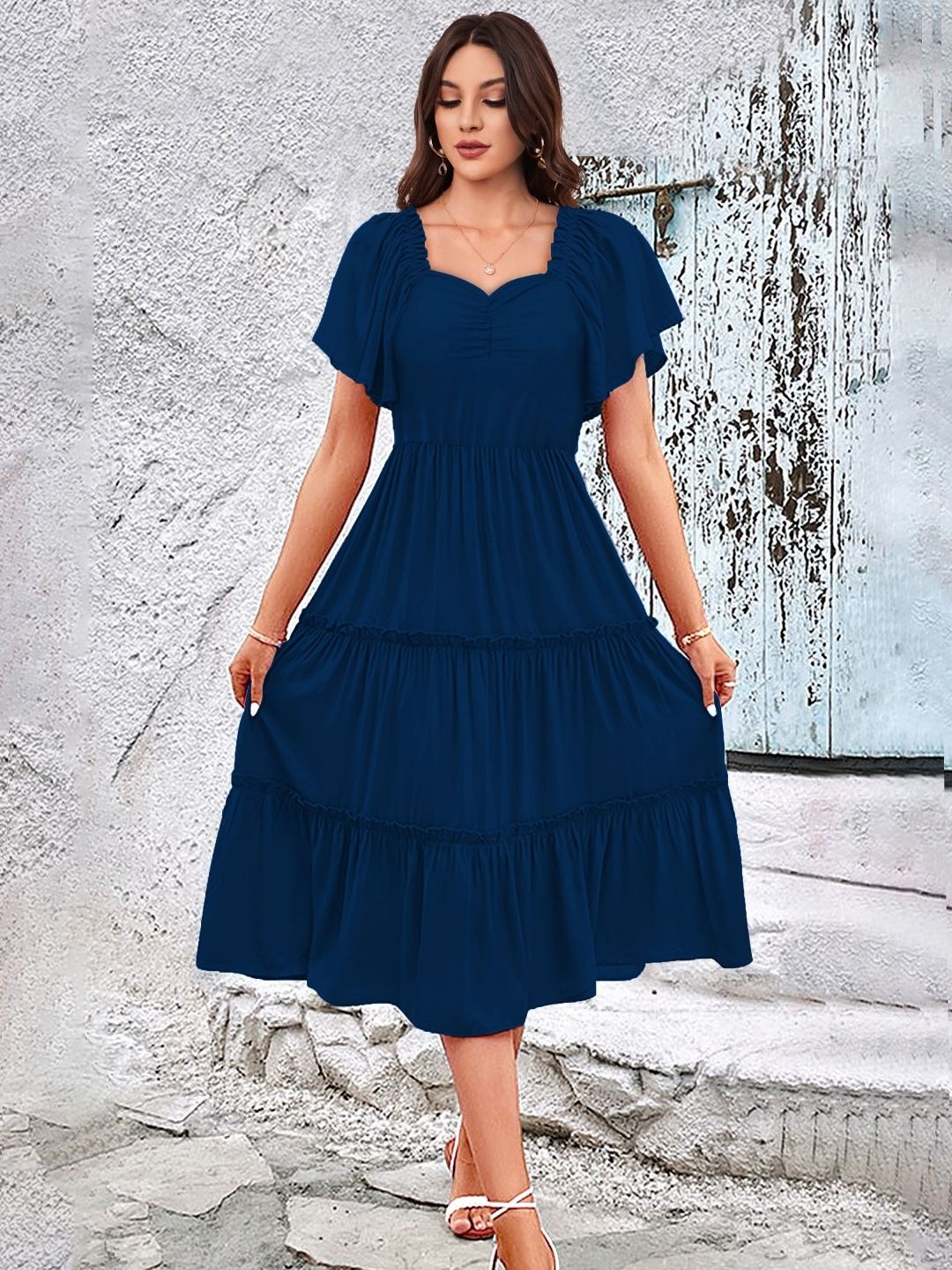 

BAESD Women Sweetheart Neck Flared Sleeve Tiered Fit & Flare Midi Dress, Navy blue