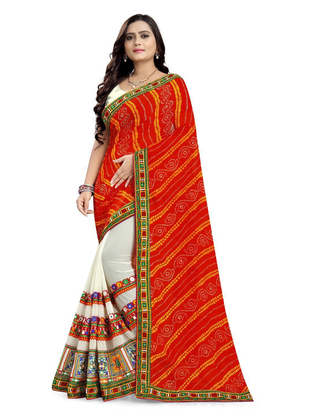 

DIVASTRI Bandhani Mirror Work Poly Georgette Saree, Orange