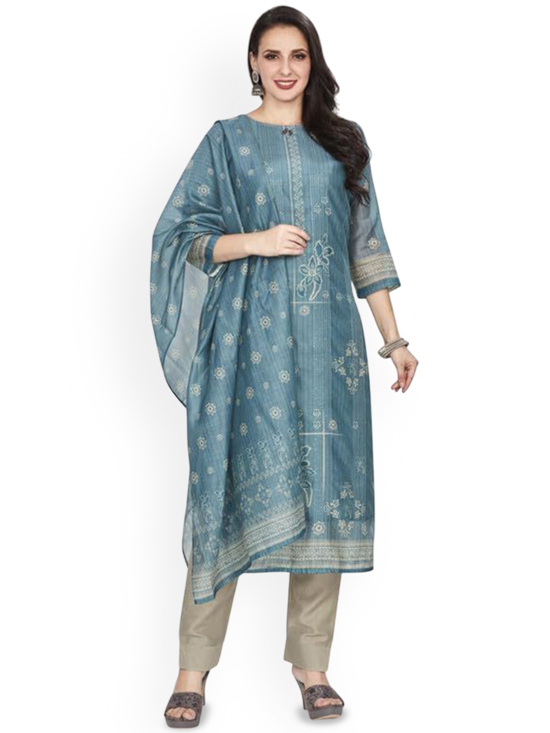 

Nioni Floral Printed Sequinned Chanderi Silk Jacquard Kurta With Trousers And Dupatta, Blue