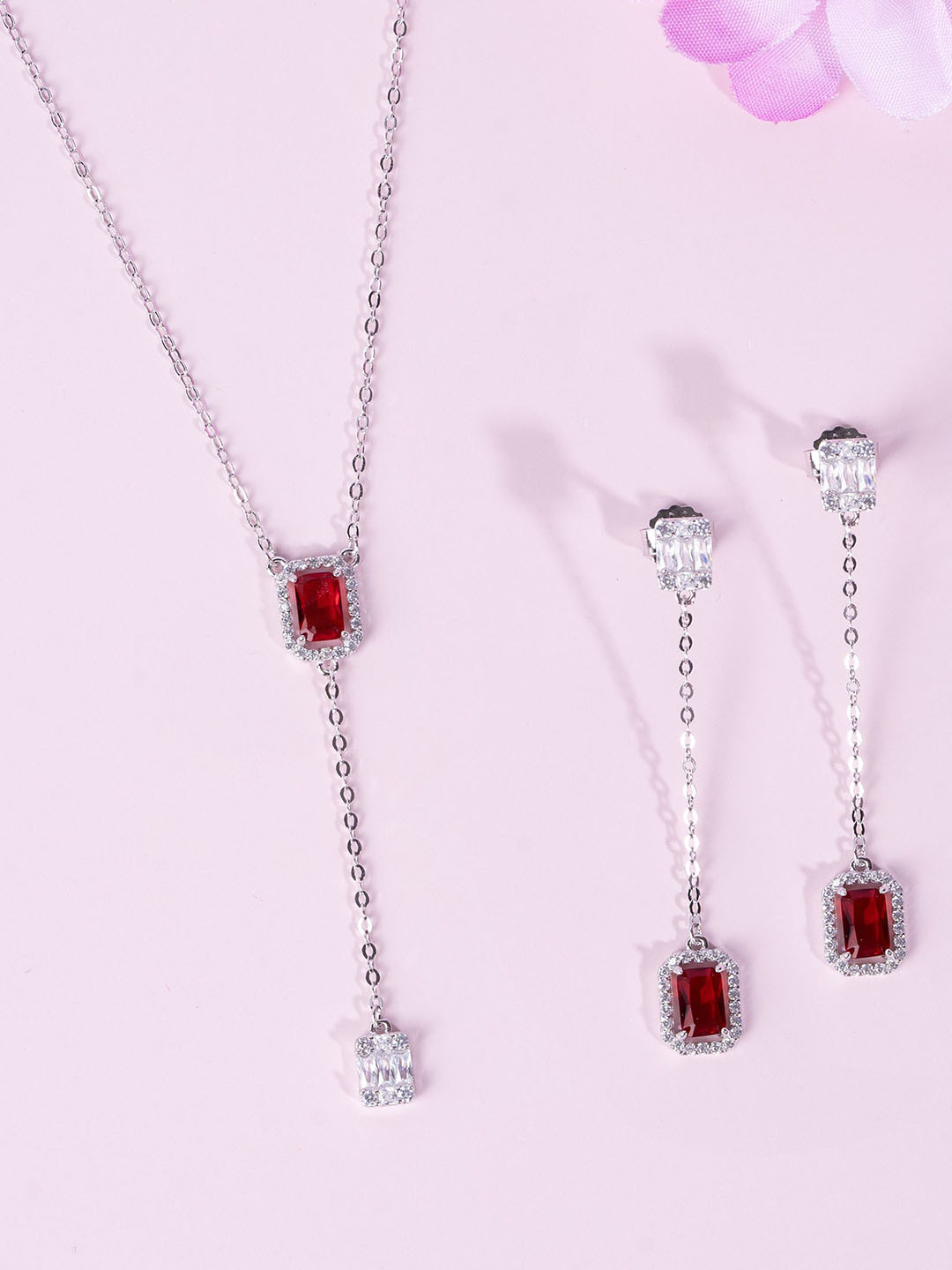 

GLYTERS 925 Sterling Silver Rhodium-Plated Stone-Studded Crimson Grace Jewellery Set