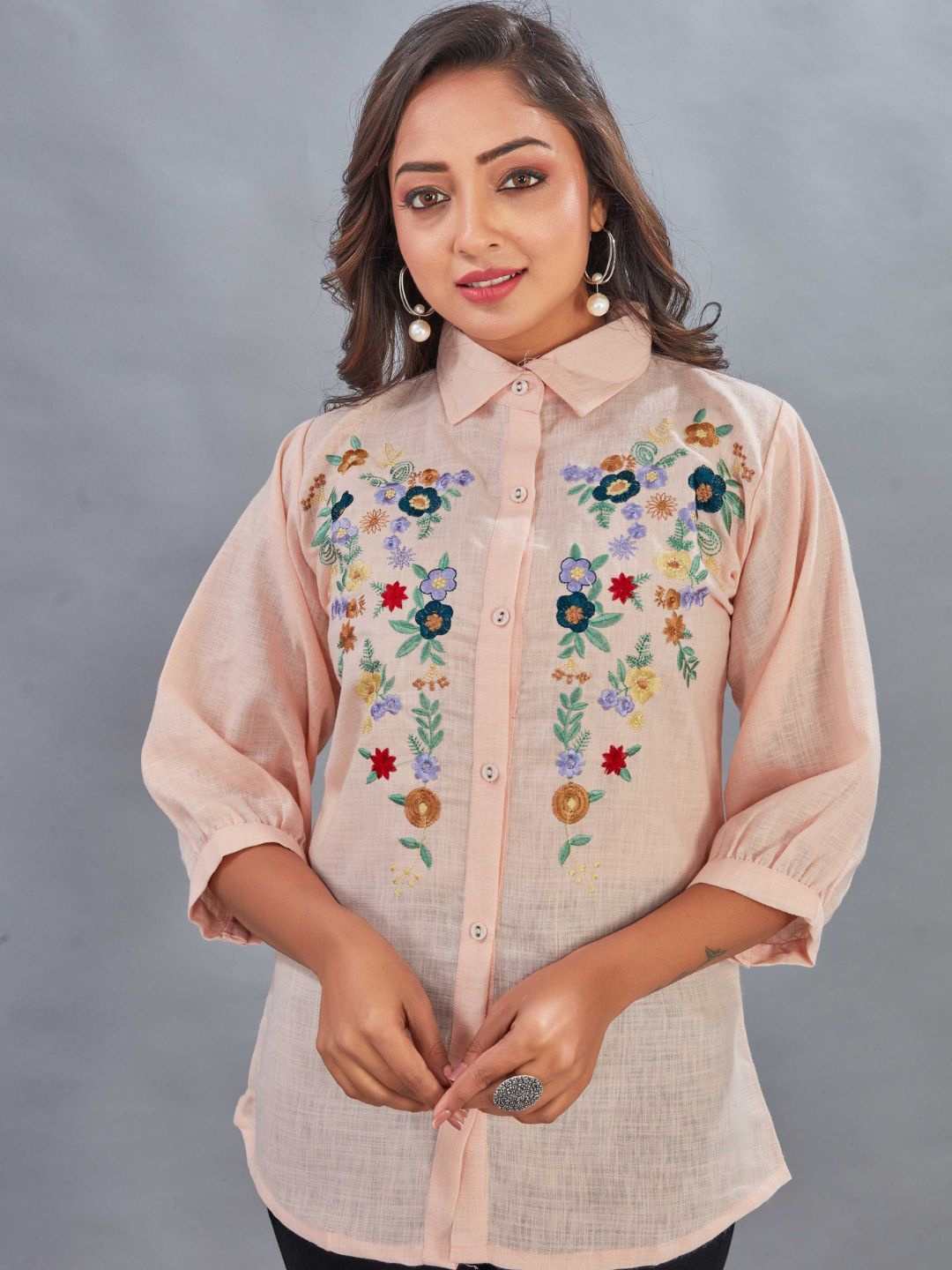 

Kesudi Women Shirt Collar Embroidered Cotton Tunic, Pink