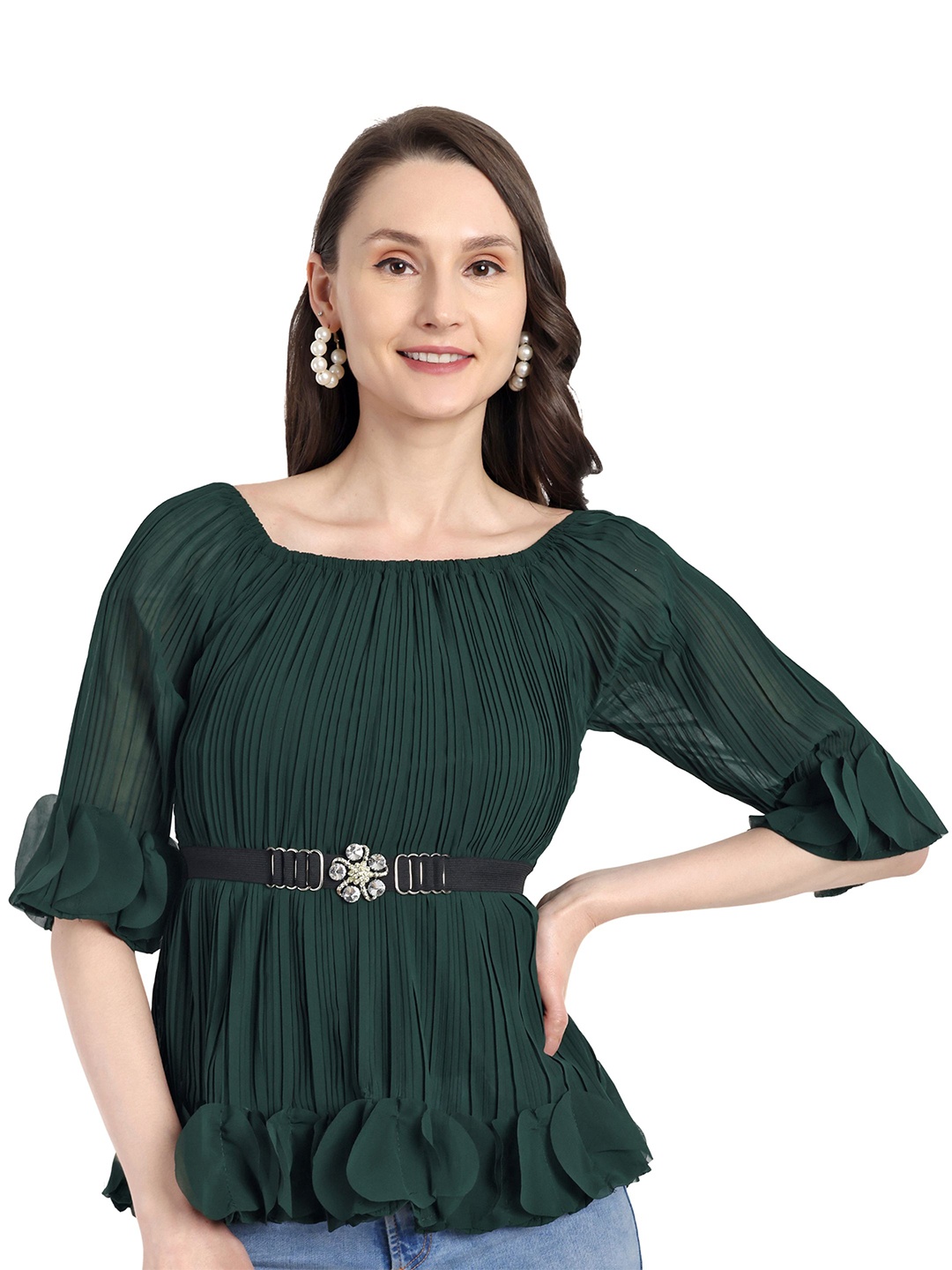 

HAUTEMODA Women Flared Top with Belt Georgette Top, Green