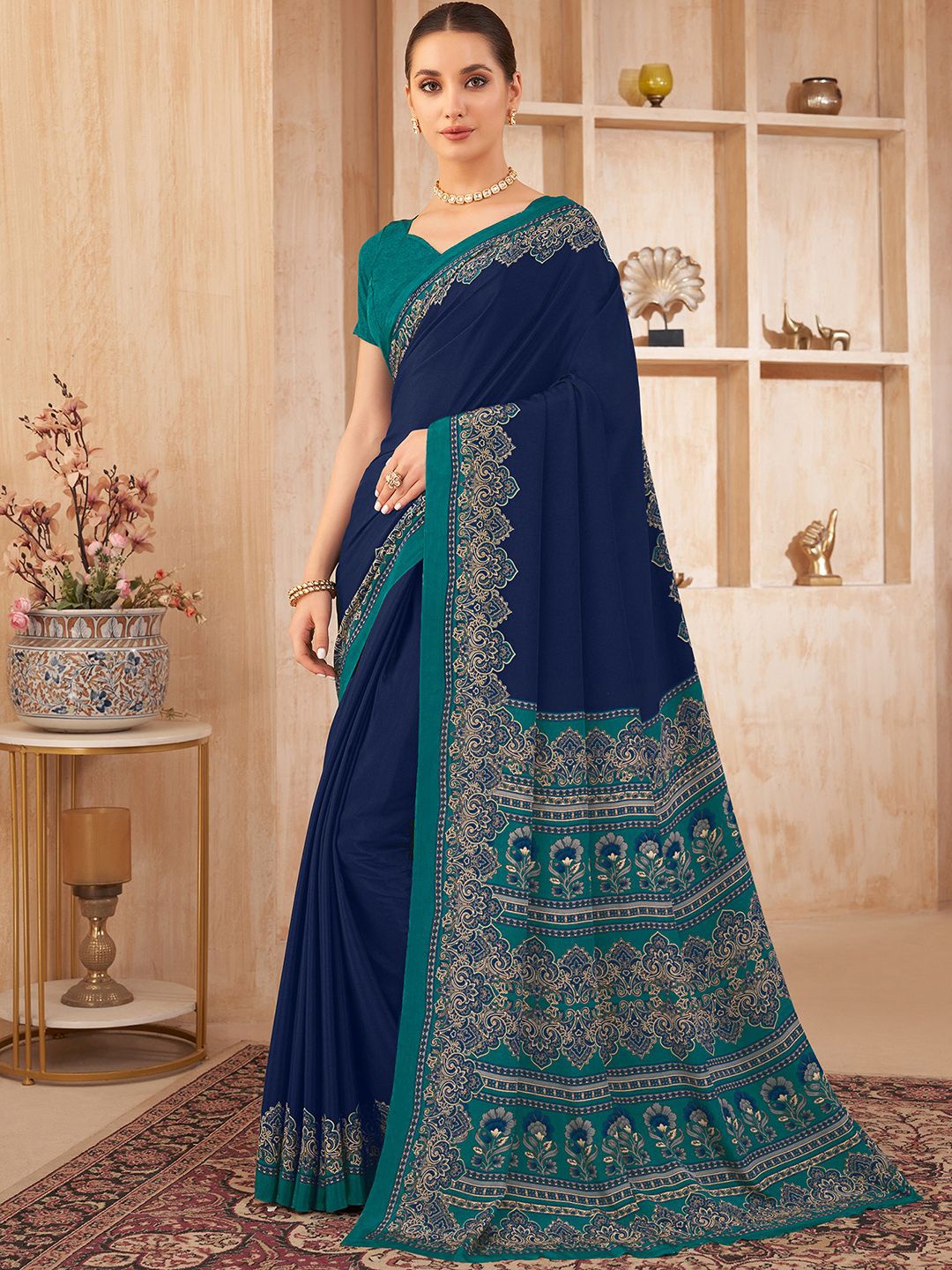 

Mitera Floral Silk Blend Jamdani Saree, Navy blue