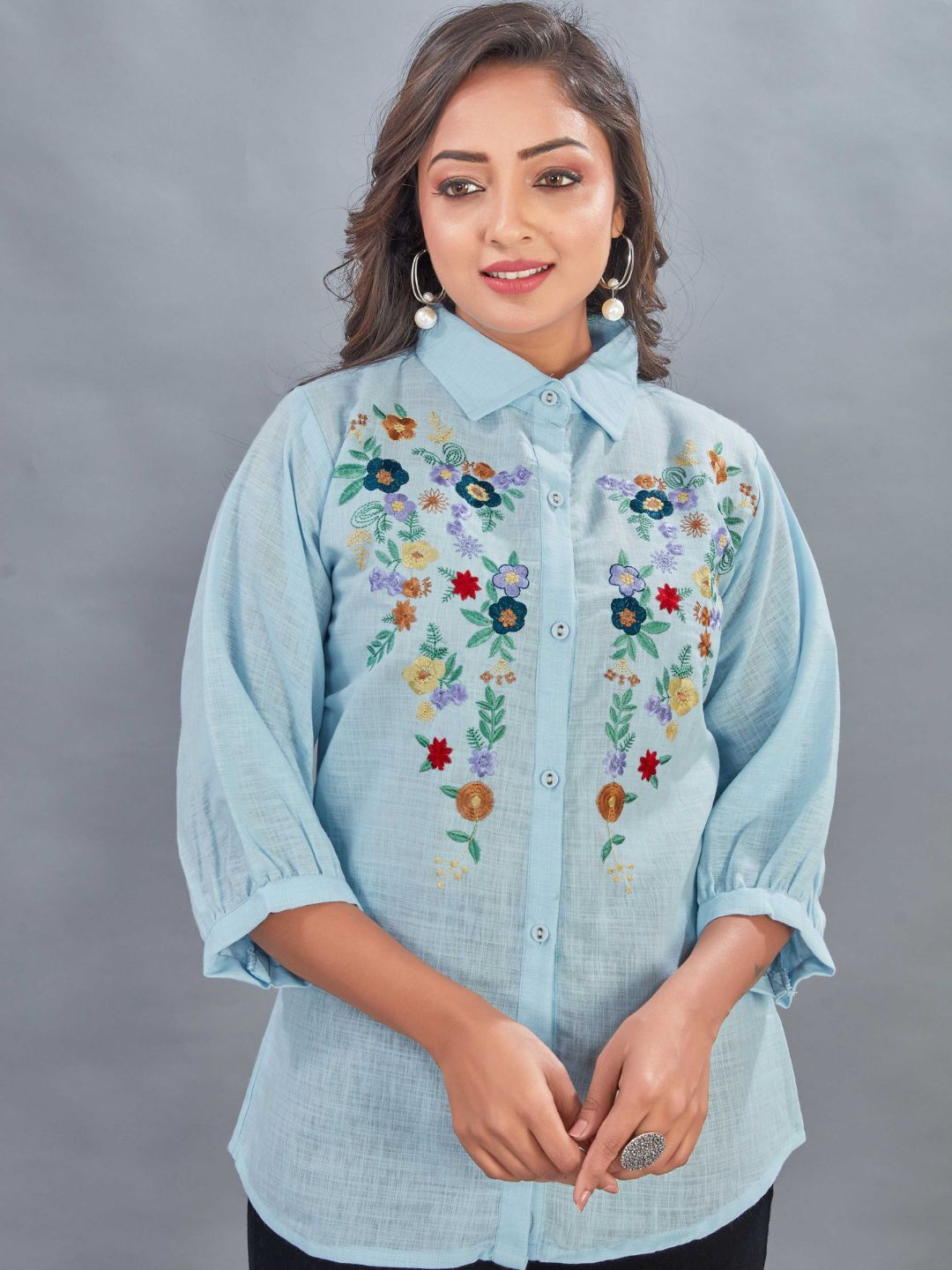 

Flossy Women Shirt Collar Floral Embroidered Tunic, Blue